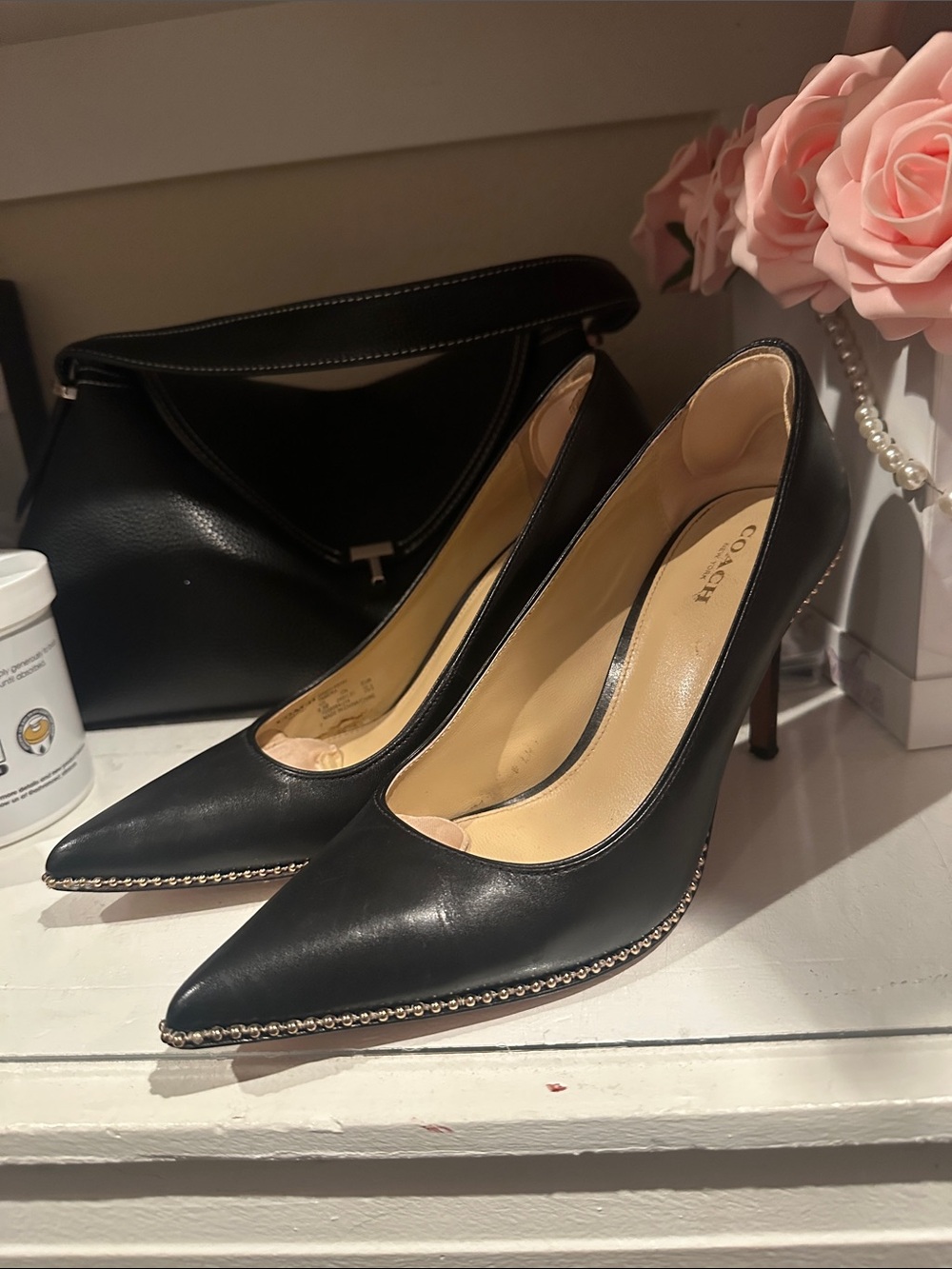 Coach Black Pointed Leather Pumps with Gold Trim